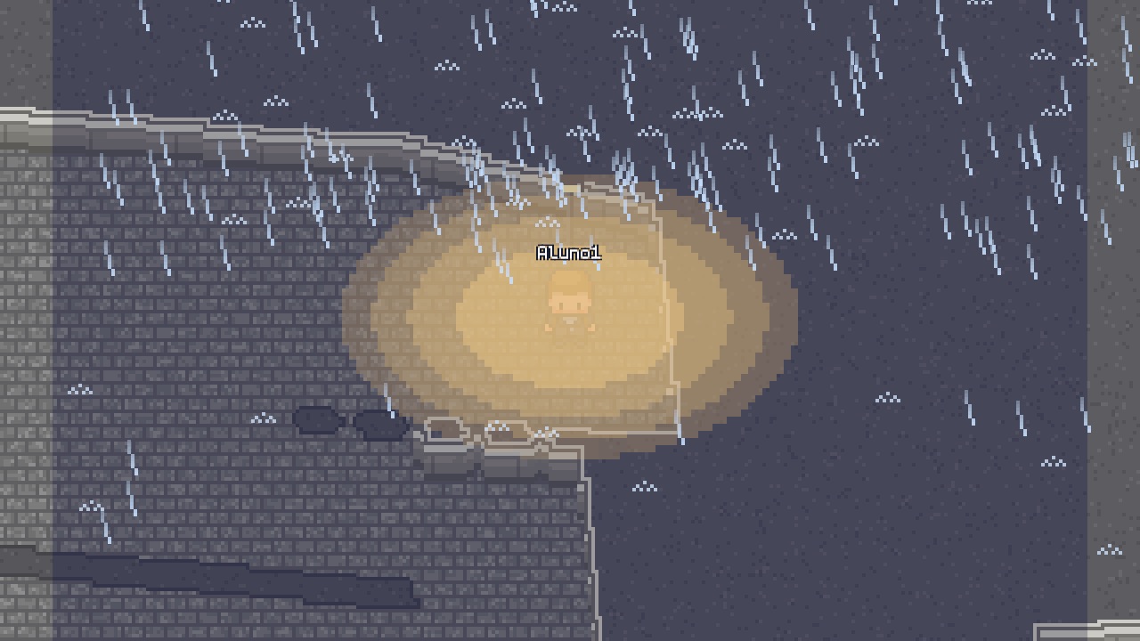 Personagem sob um poste numa noite de chuva